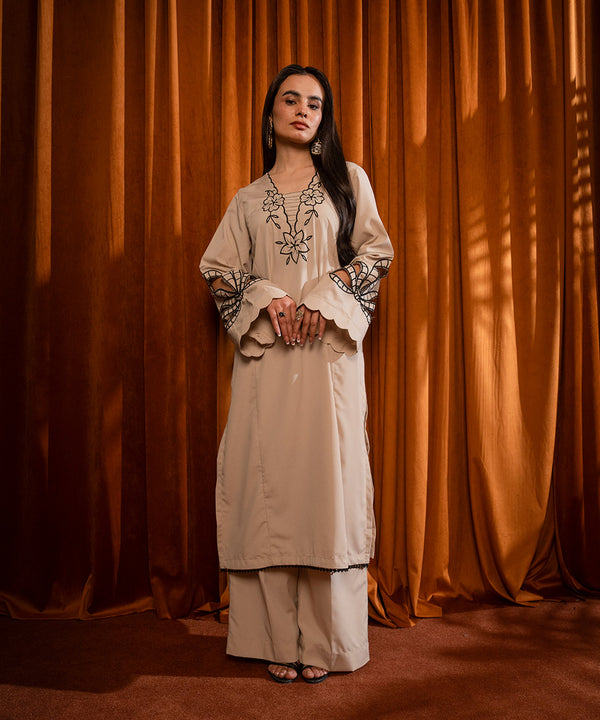 2PC - Embroidered Crepe Solid Suit