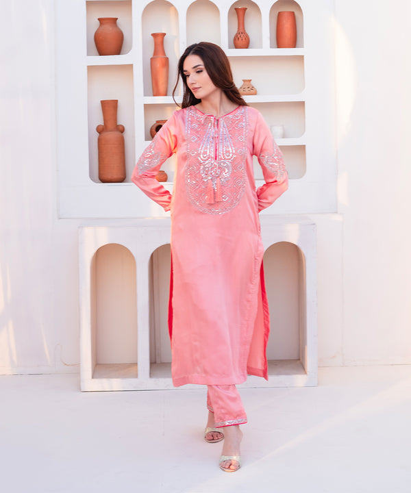 2PC -  Embroidered Silk Suit