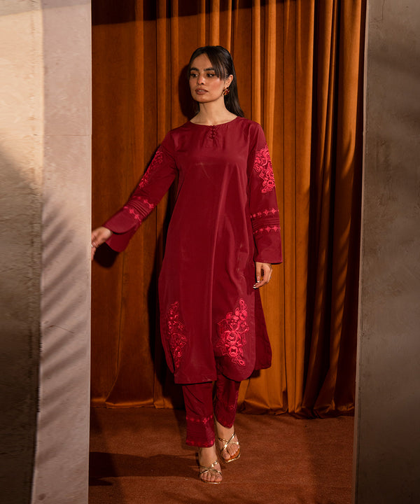 2PC - Embroidered Crepe Solid Suit