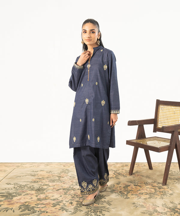 2PC - Embroidered Self Textured Suit