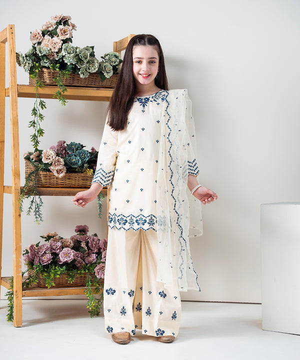 3PC - Embroidered Lawn Cotton Suit With Sharara