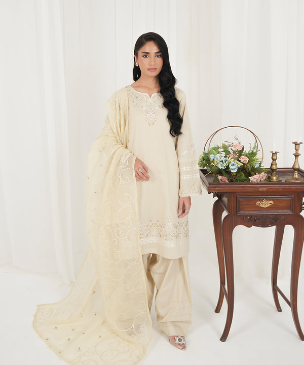 3PC - Embroidered Cambric Suit With Farshi Shalwar