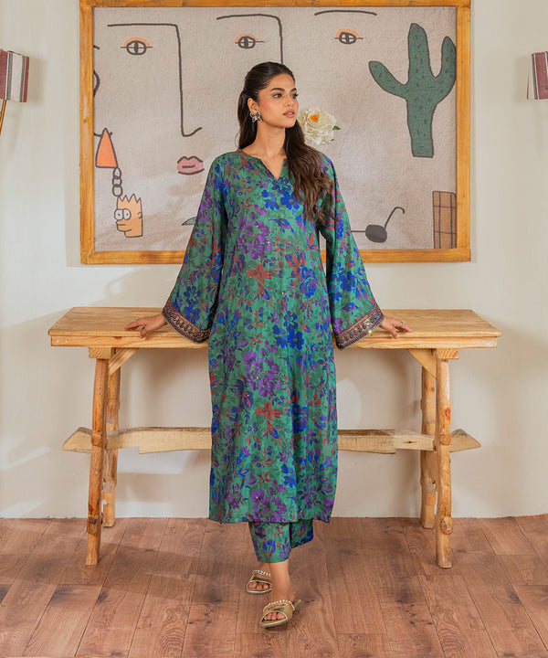 2PC - Digital Printed and Embroidered Silk Lawn