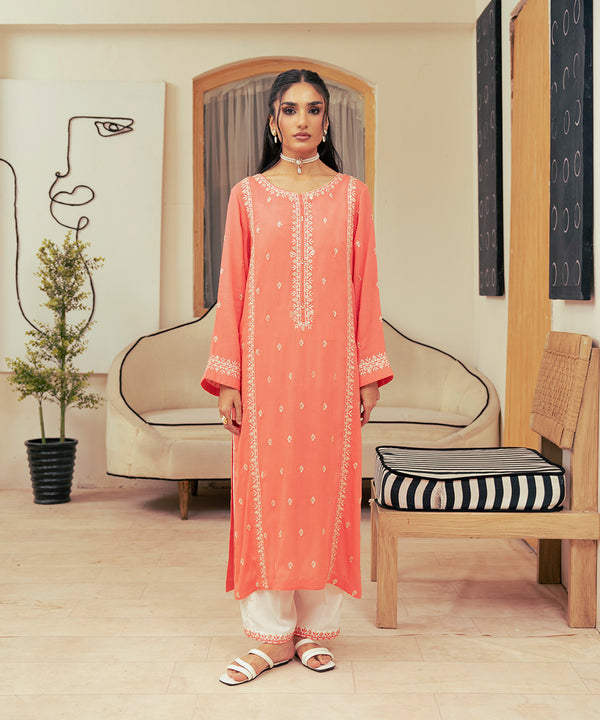 2PC - Embroidered Self Textured Suit