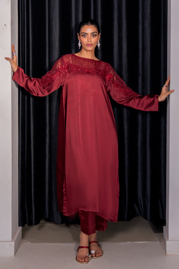 2PC - Embroidered Charmeuse Silk Suit